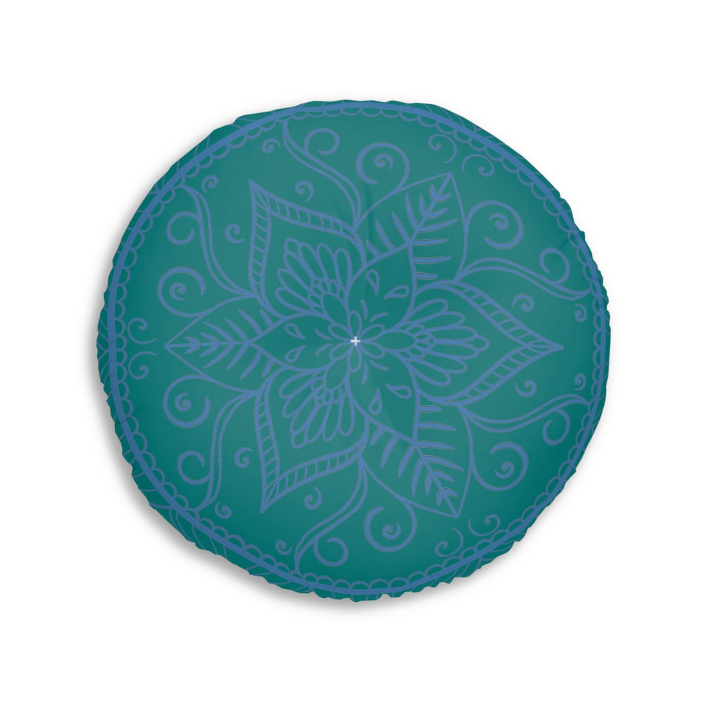Floor Cushion Handmade Mandala Art - Steel Blue on Teal background - Drawn by Hand - Tufted Floor Pillow, Round - Blululi