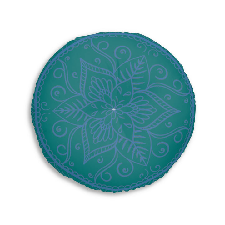 Floor Cushion Handmade Mandala Art - Steel Blue on Teal background - Drawn by Hand - Tufted Floor Pillow, Round - Blululi