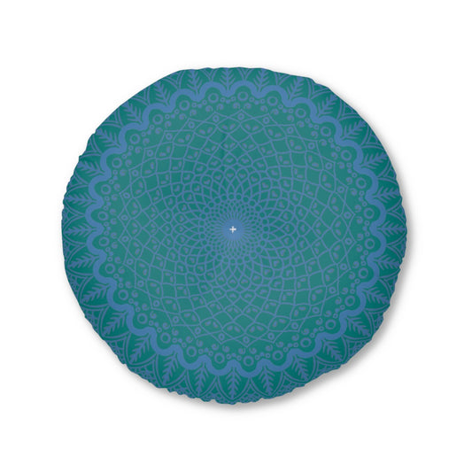 Floor Cushion Handmade Mandala Art - Steel Blue on Teal background - Drawn by Hand - Tufted Floor Pillow, Round - Blululi