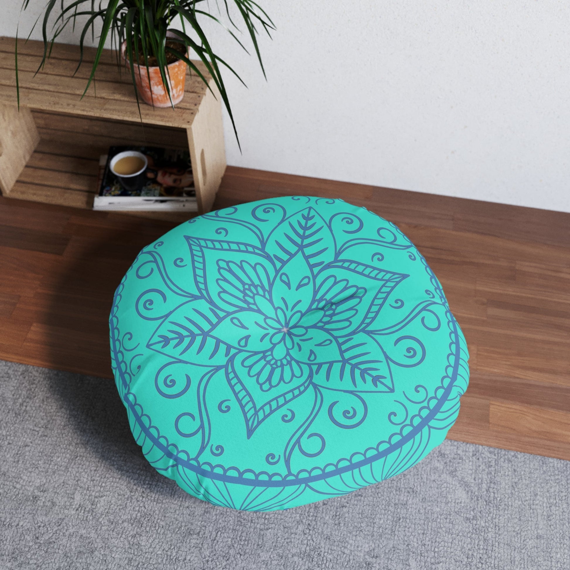 Floor Cushion Handmade Mandala Art - Steel Blue on Turquoise background - Drawn by Hand - Tufted Floor Pillow, Round - Blululi