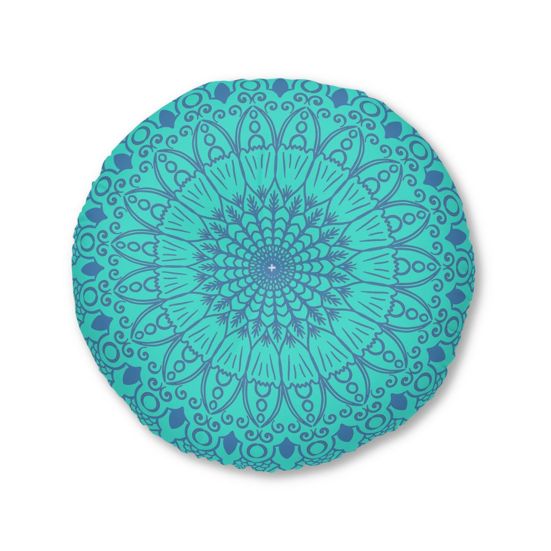 Floor Cushion Handmade Mandala Art - Steel Blue on Turquoise background - Drawn by Hand - Tufted Floor Pillow, Round - Blululi