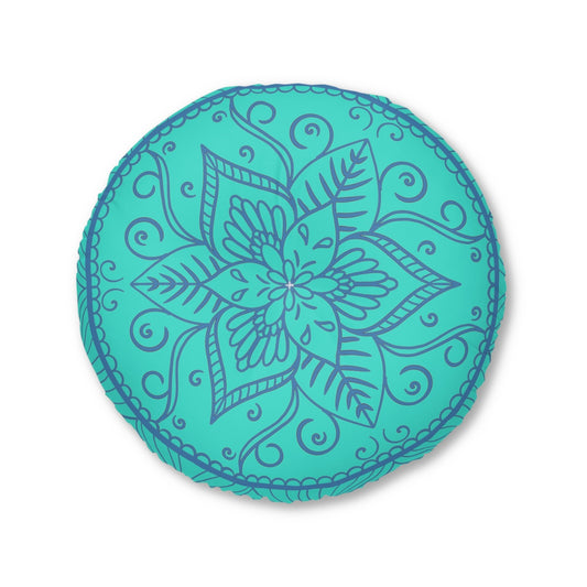 Floor Cushion Handmade Mandala Art - Steel Blue on Turquoise background - Drawn by Hand - Tufted Floor Pillow, Round - Blululi