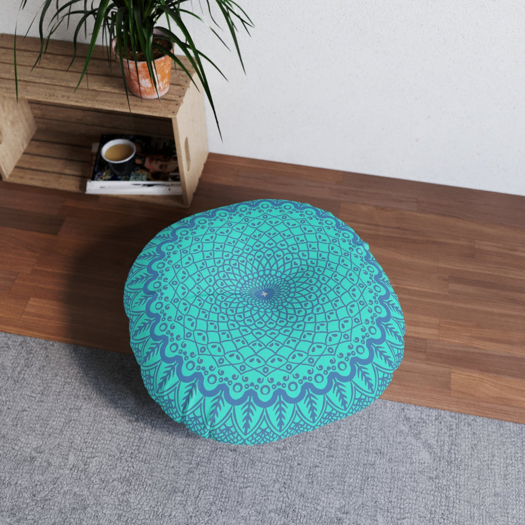 Floor Cushion Handmade Mandala Art - Steel Blue on Turquoise background - Drawn by Hand - Tufted Floor Pillow, Round - Blululi