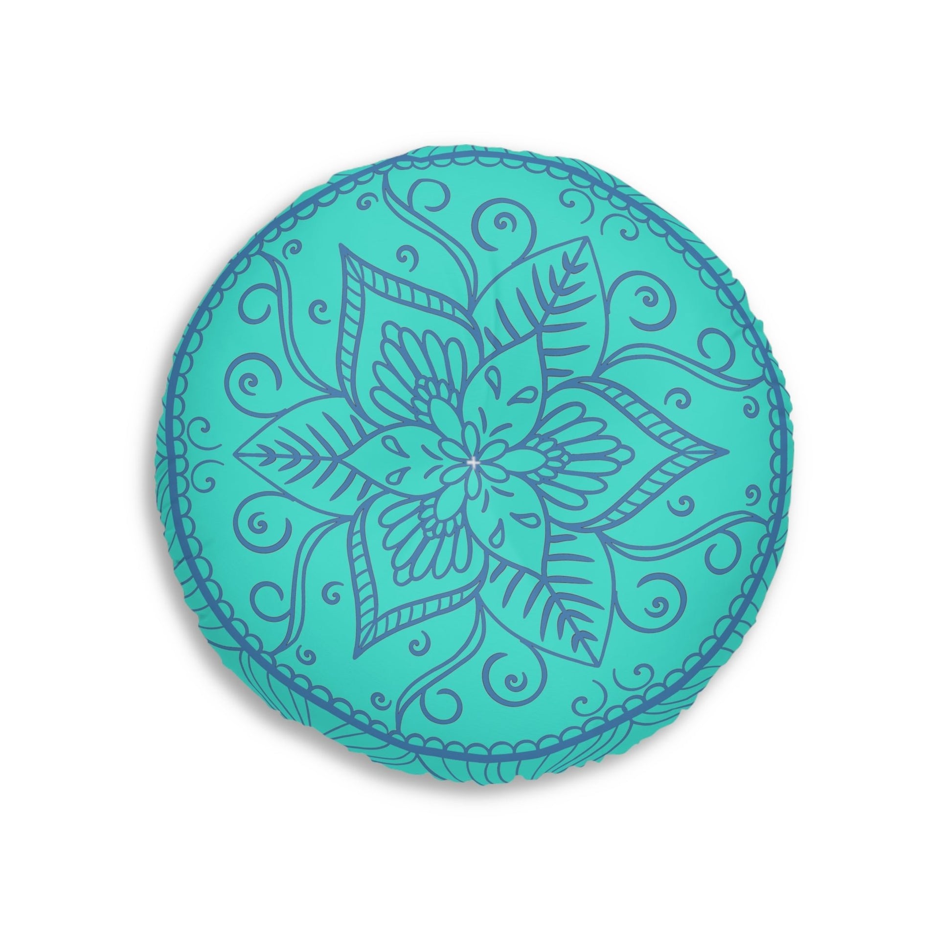 Floor Cushion Handmade Mandala Art - Steel Blue on Turquoise background - Drawn by Hand - Tufted Floor Pillow, Round - Blululi