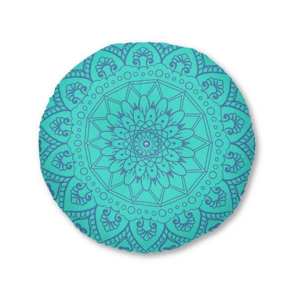 Floor Cushion Handmade Mandala Art - Steel Blue on Turquoise background - Drawn by Hand - Tufted Floor Pillow, Round - Blululi