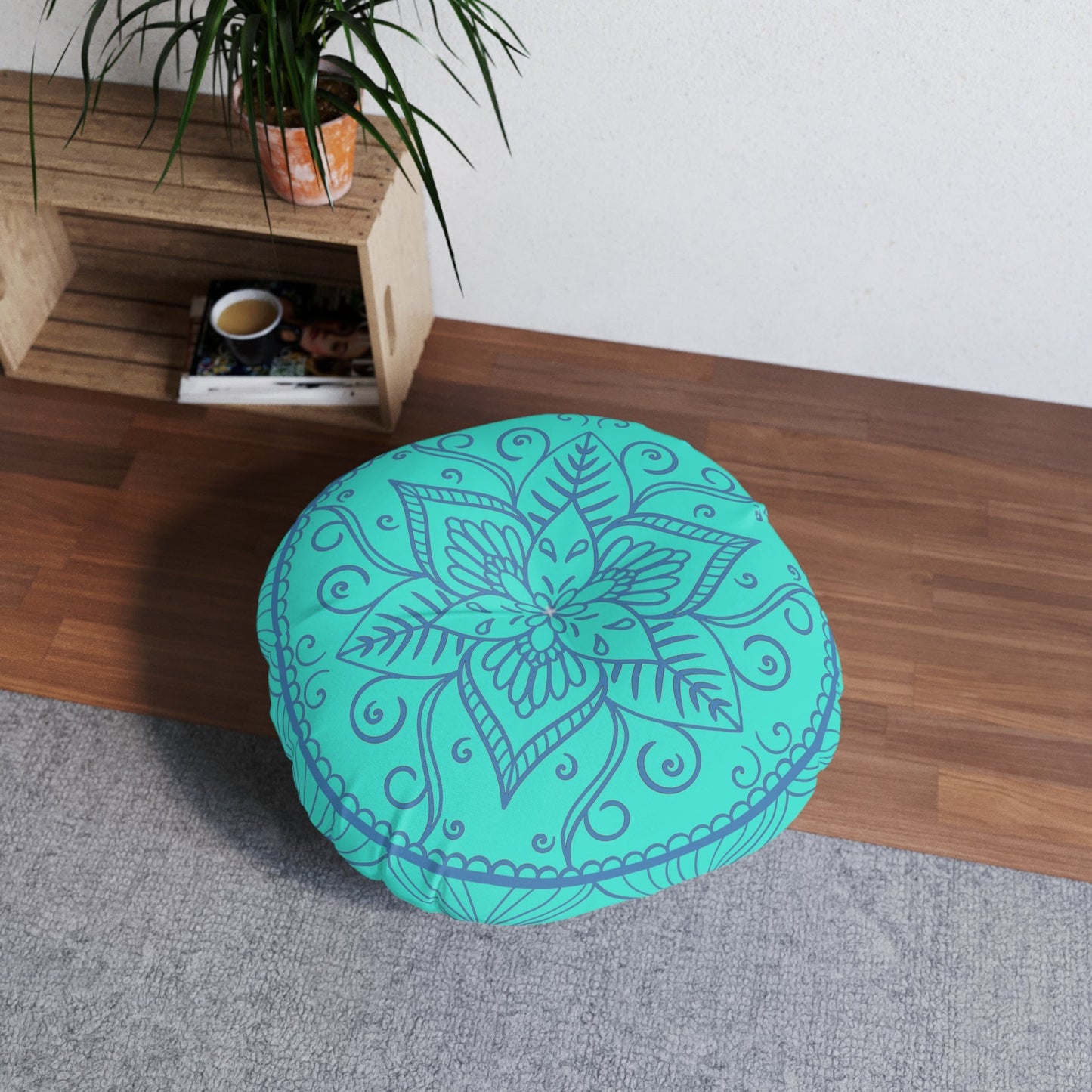 Floor Cushion Handmade Mandala Art - Steel Blue on Turquoise background - Drawn by Hand - Tufted Floor Pillow, Round - Blululi