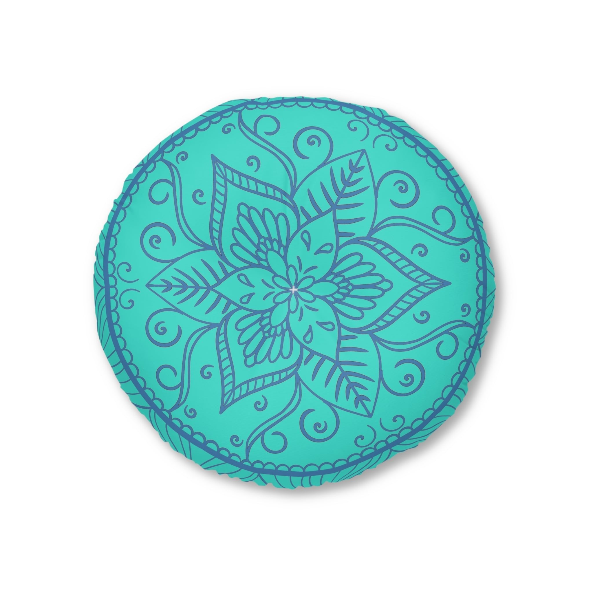 Floor Cushion Handmade Mandala Art - Steel Blue on Turquoise background - Drawn by Hand - Tufted Floor Pillow, Round - Blululi