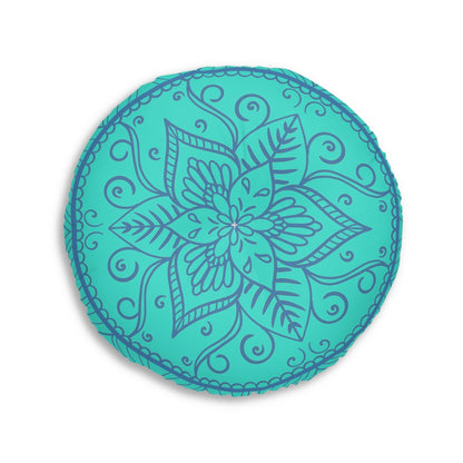 Floor Cushion Handmade Mandala Art - Steel Blue on Turquoise background - Drawn by Hand - Tufted Floor Pillow, Round - Blululi