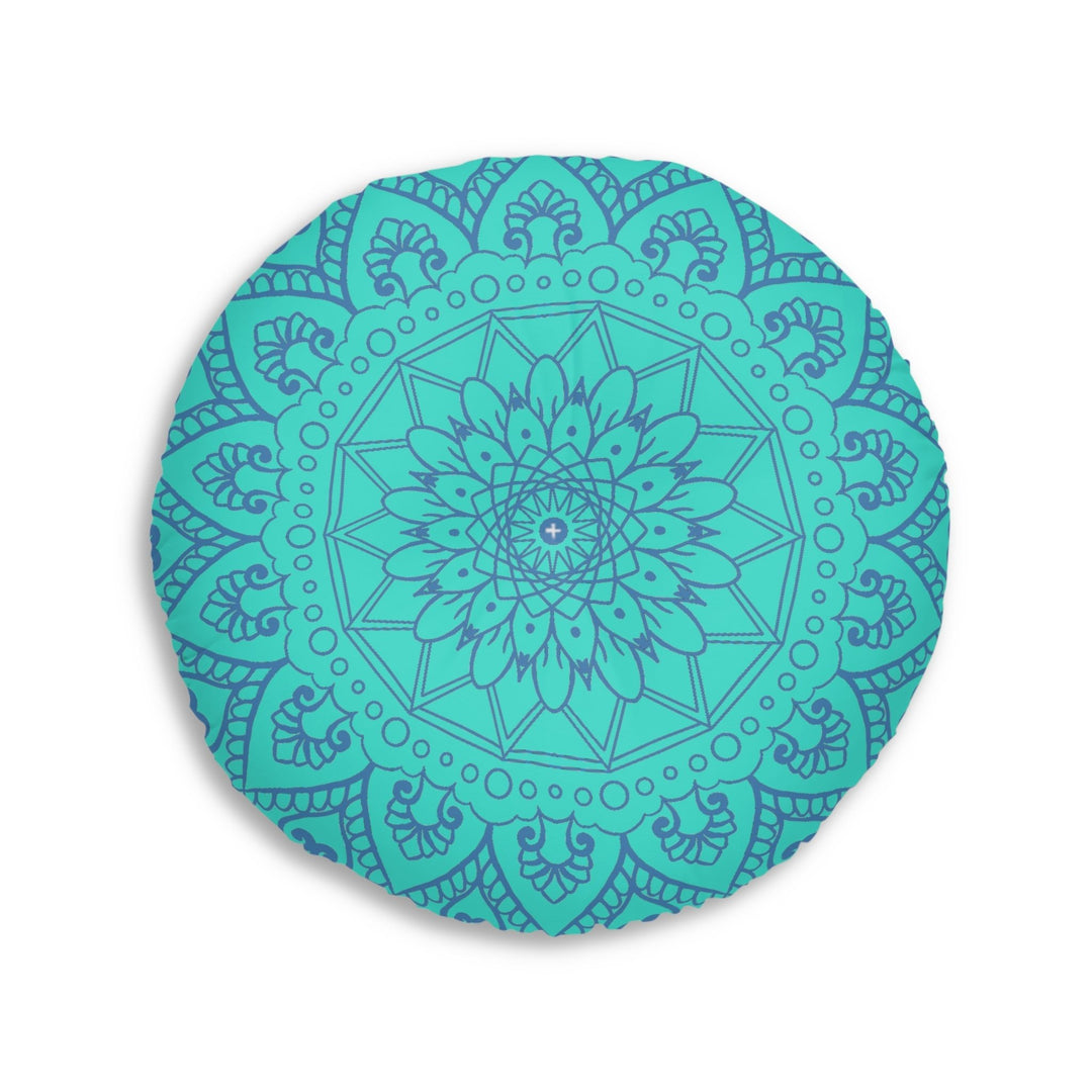 Floor Cushion Handmade Mandala Art - Steel Blue on Turquoise background - Drawn by Hand - Tufted Floor Pillow, Round - Blululi