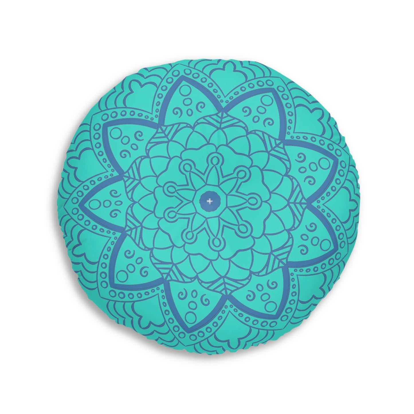 Floor Cushion Handmade Mandala Art - Steel Blue on Turquoise background - Drawn by Hand - Tufted Floor Pillow, Round - Blululi