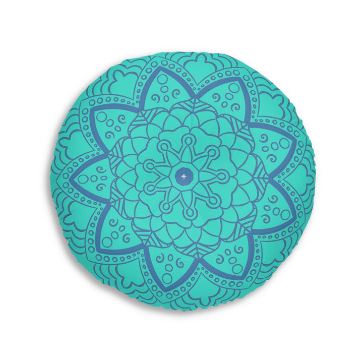 Floor Cushion Handmade Mandala Art - Steel Blue on Turquoise background - Drawn by Hand - Tufted Floor Pillow, Round - Blululi