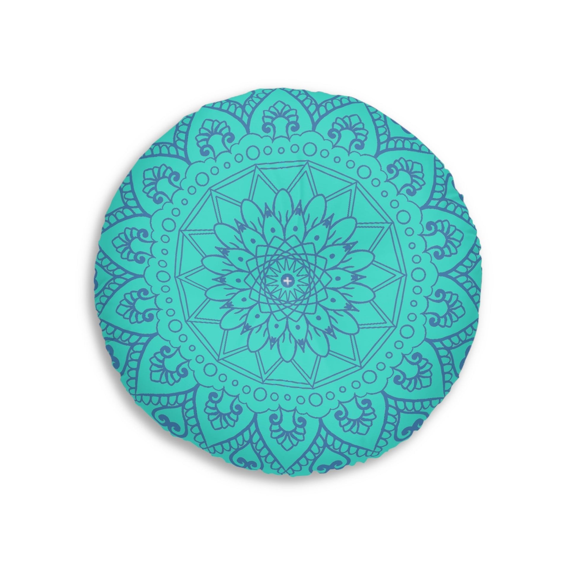 Floor Cushion Handmade Mandala Art - Steel Blue on Turquoise background - Drawn by Hand - Tufted Floor Pillow, Round - Blululi