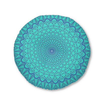 Floor Cushion Handmade Mandala Art - Steel Blue on Turquoise background - Drawn by Hand - Tufted Floor Pillow, Round - Blululi