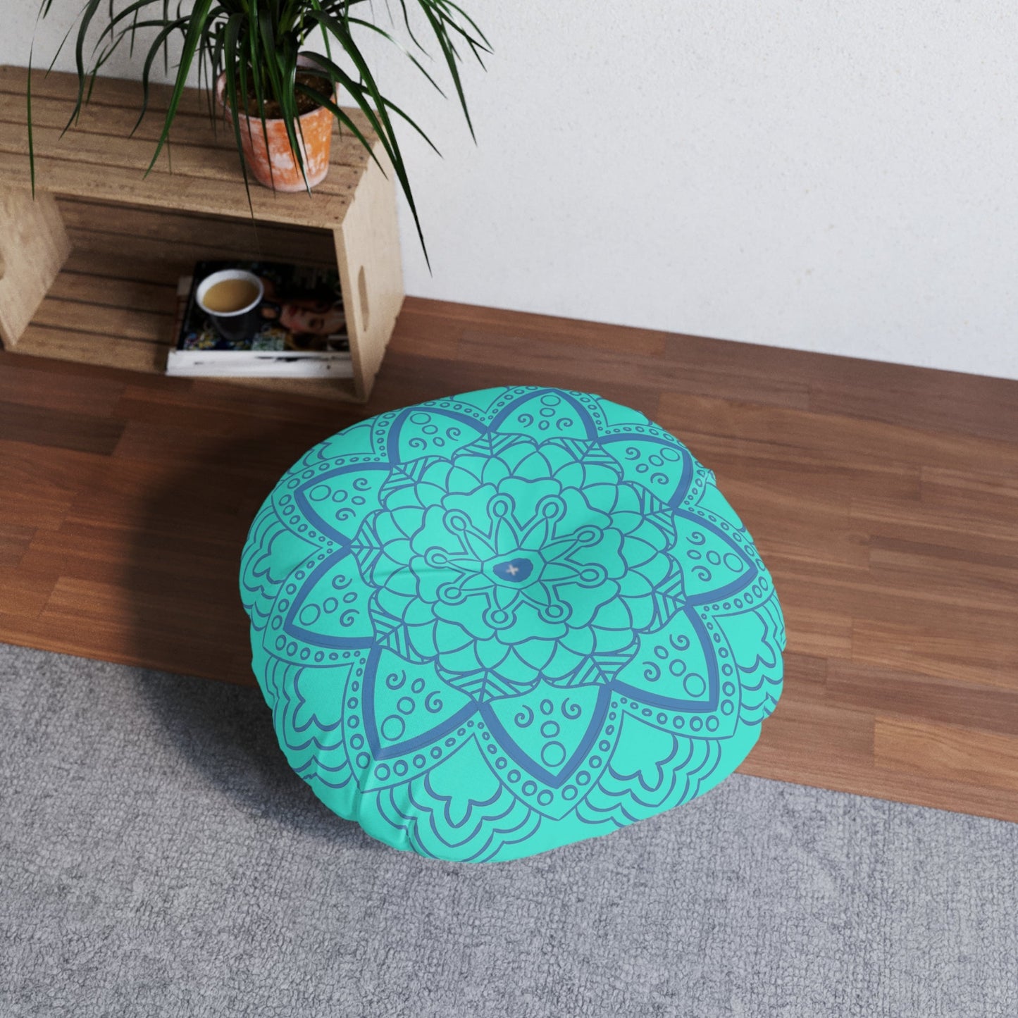 Floor Cushion Handmade Mandala Art - Steel Blue on Turquoise background - Drawn by Hand - Tufted Floor Pillow, Round - Blululi