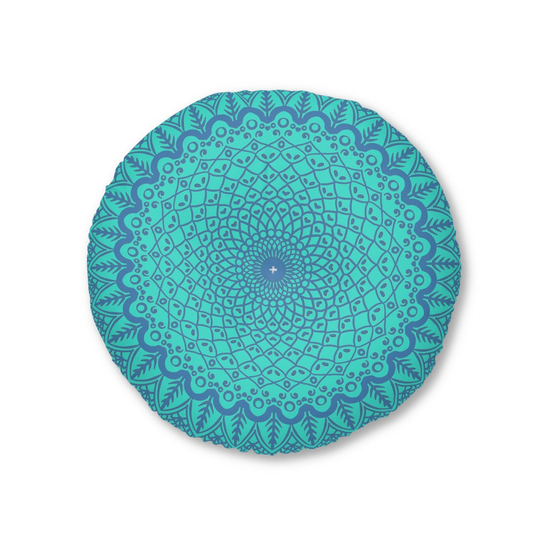 Floor Cushion Handmade Mandala Art - Steel Blue on Turquoise background - Drawn by Hand - Tufted Floor Pillow, Round - Blululi