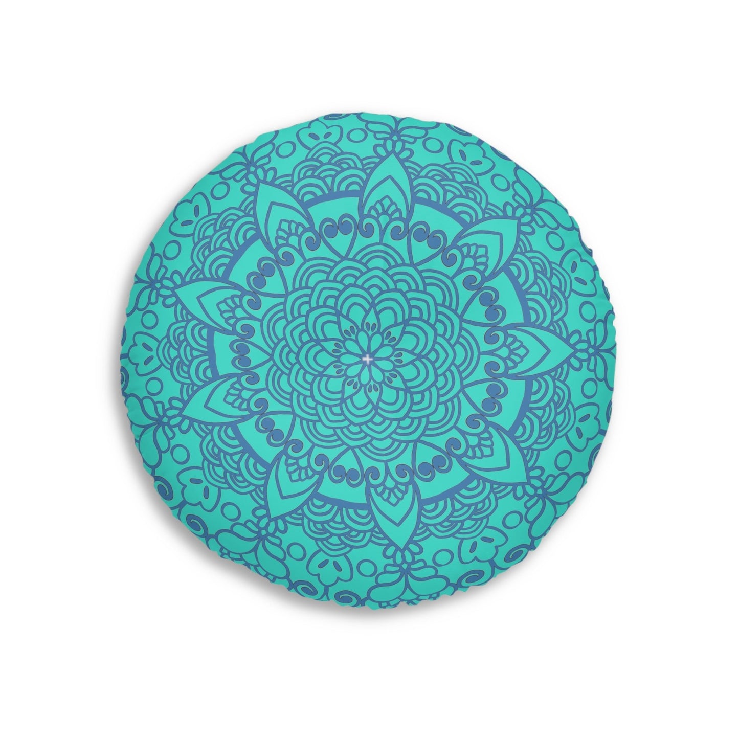 Floor Cushion Handmade Mandala Art - Steel Blue on Turquoise background - Drawn by Hand - Tufted Floor Pillow, Round - Blululi