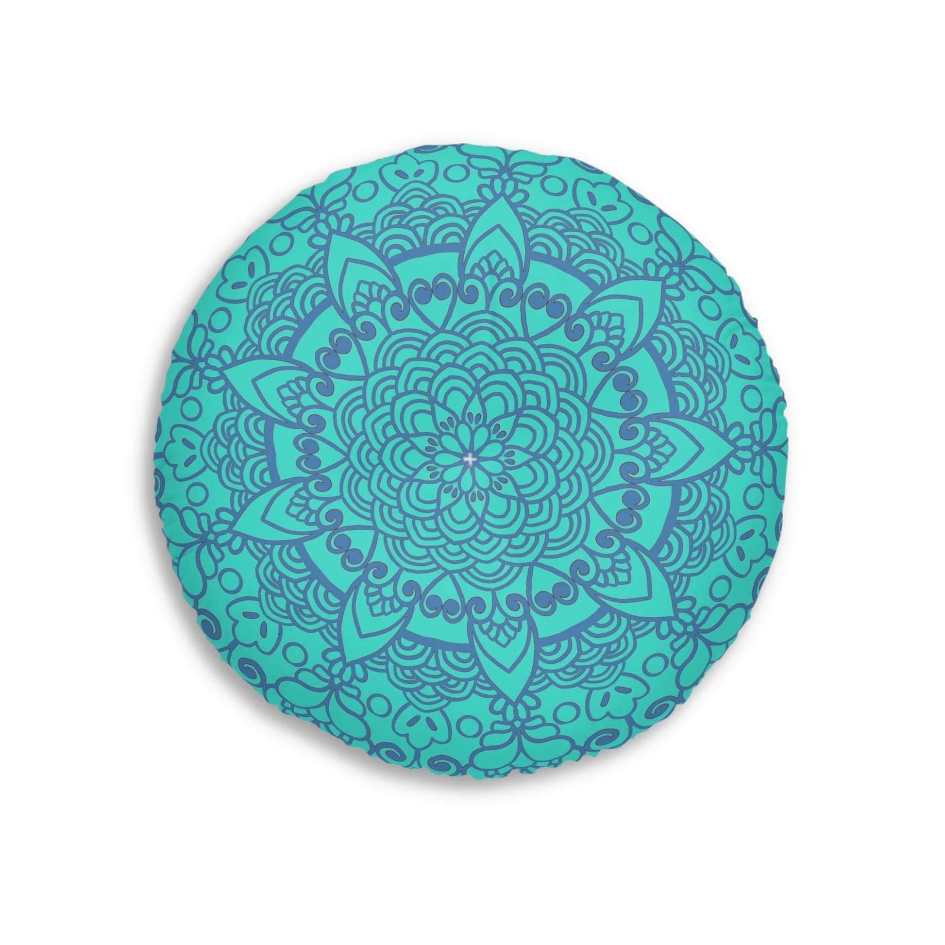 Floor Cushion Handmade Mandala Art - Steel Blue on Turquoise background - Drawn by Hand - Tufted Floor Pillow, Round - Blululi