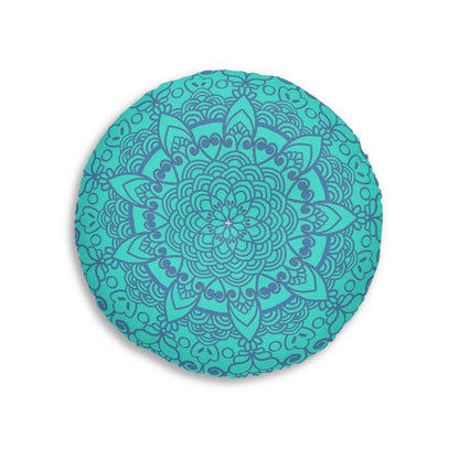 Floor Cushion Handmade Mandala Art - Steel Blue on Turquoise background - Drawn by Hand - Tufted Floor Pillow, Round - Blululi