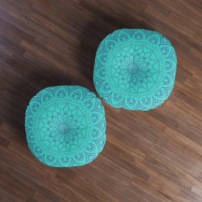 Floor Cushion Handmade Mandala Art - Steel Blue on Turquoise background - Drawn by Hand - Tufted Floor Pillow, Round - Blululi