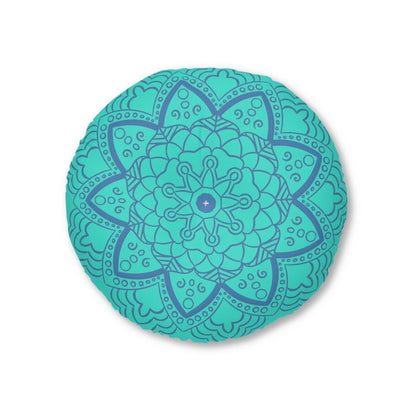 Floor Cushion Handmade Mandala Art - Steel Blue on Turquoise background - Drawn by Hand - Tufted Floor Pillow, Round - Blululi