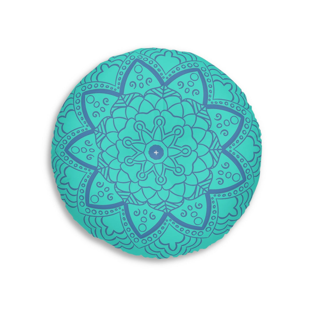 Floor Cushion Handmade Mandala Art - Steel Blue on Turquoise background - Drawn by Hand - Tufted Floor Pillow, Round - Blululi