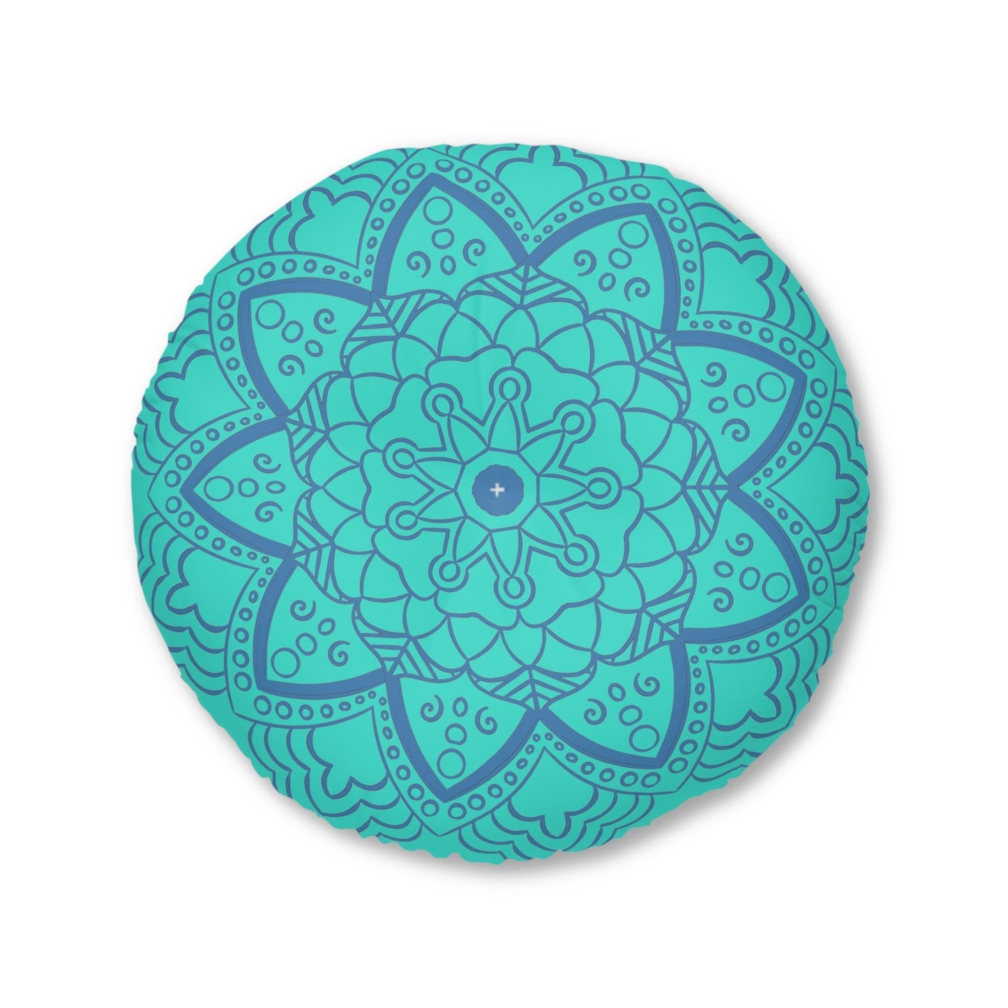 Floor Cushion Handmade Mandala Art - Steel Blue on Turquoise background - Drawn by Hand - Tufted Floor Pillow, Round - Blululi