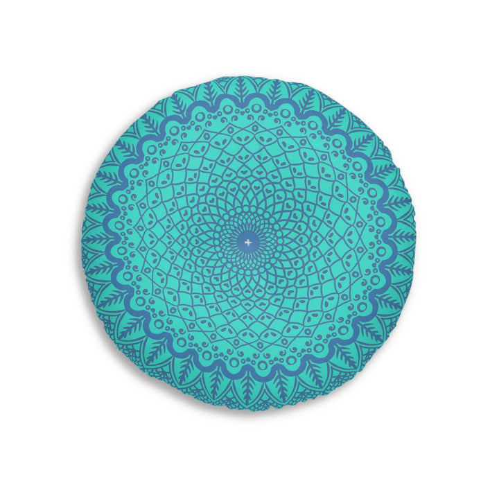 Floor Cushion Handmade Mandala Art - Steel Blue on Turquoise background - Drawn by Hand - Tufted Floor Pillow, Round - Blululi