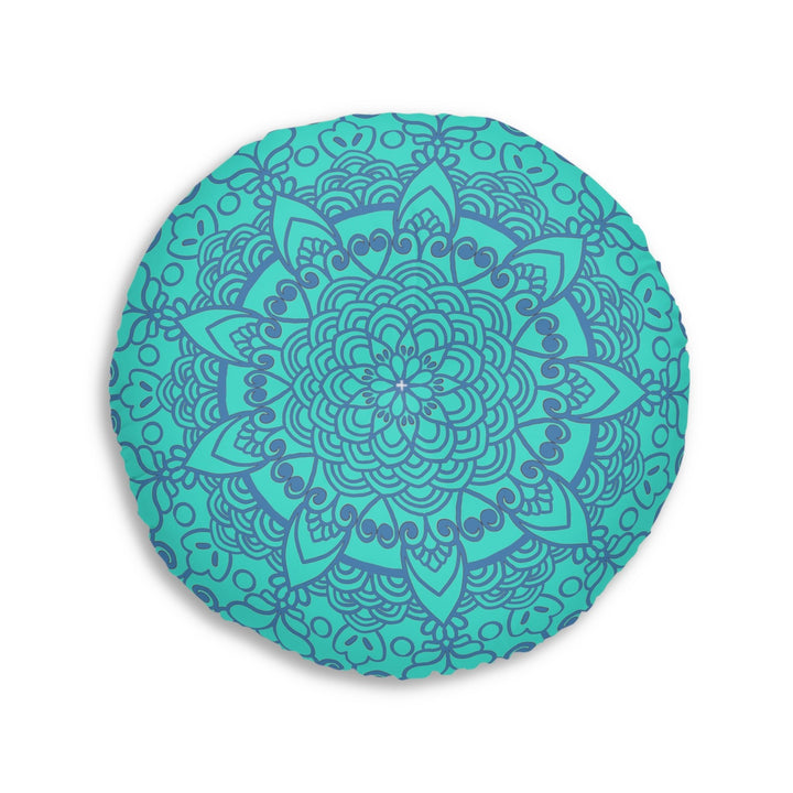 Floor Cushion Handmade Mandala Art - Steel Blue on Turquoise background - Drawn by Hand - Tufted Floor Pillow, Round - Blululi