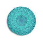Floor Cushion Handmade Mandala Art - Steel Blue on Turquoise background - Drawn by Hand - Tufted Floor Pillow, Round - Blululi