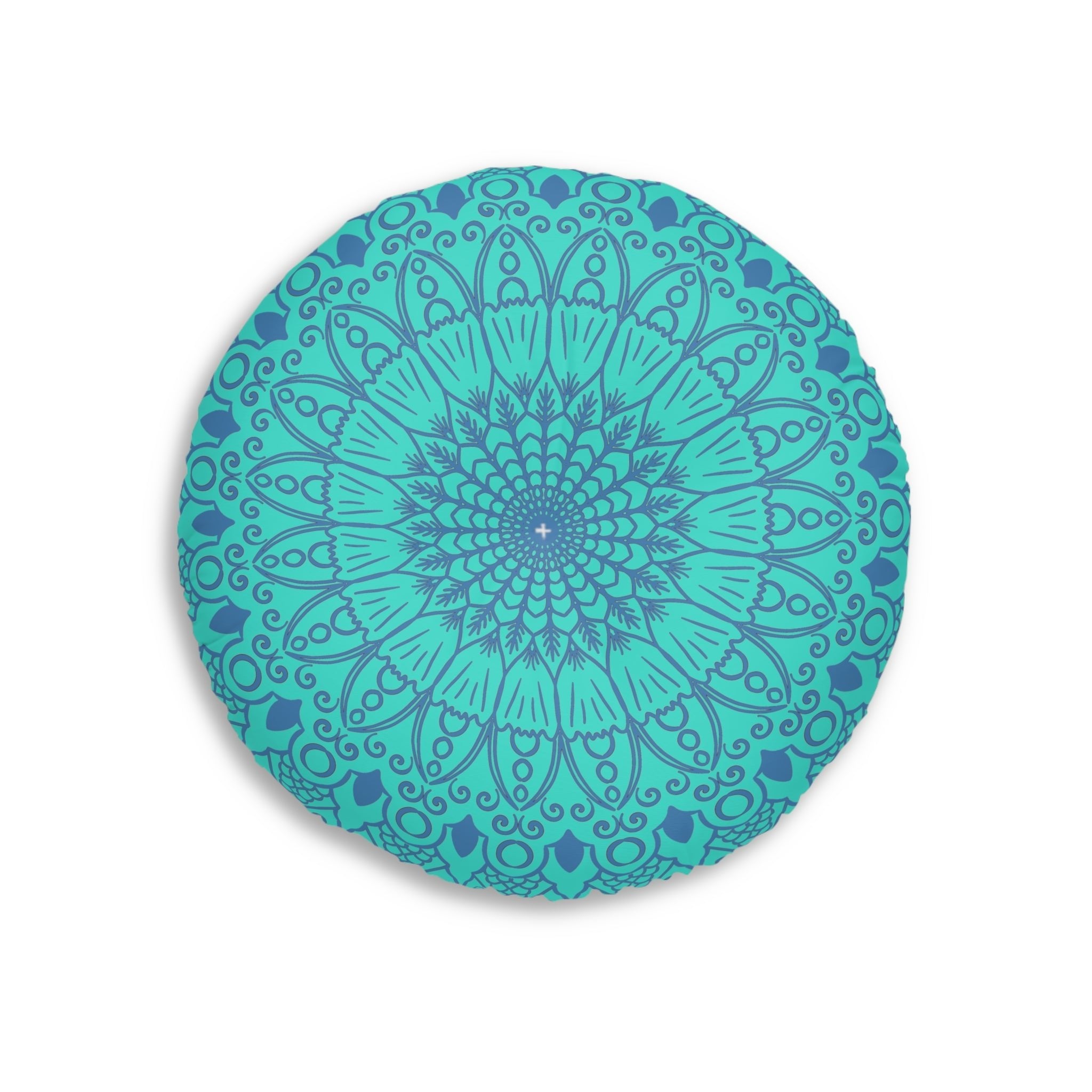 Floor Cushion Handmade Mandala Art - Steel Blue on Turquoise background - Drawn by Hand - Tufted Floor Pillow, Round - Blululi