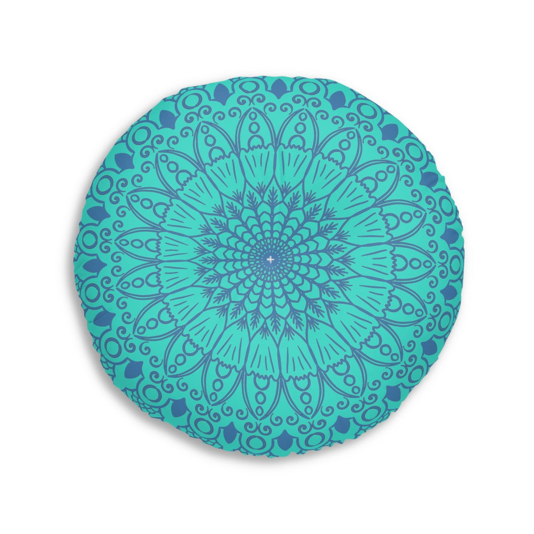 Floor Cushion Handmade Mandala Art - Steel Blue on Turquoise background - Drawn by Hand - Tufted Floor Pillow, Round - Blululi