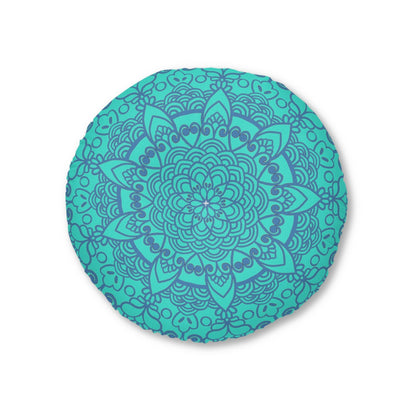 Floor Cushion Handmade Mandala Art - Steel Blue on Turquoise background - Drawn by Hand - Tufted Floor Pillow, Round - Blululi