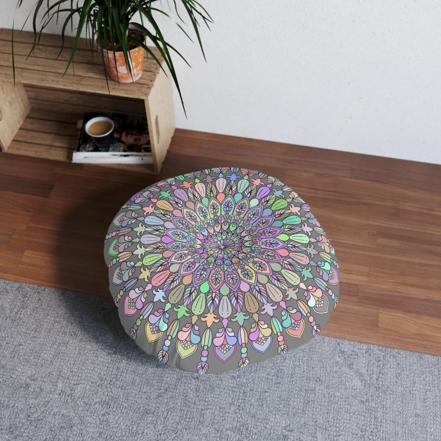 Floor Cushion Mandala Art Drawn by Hand - Tufted Floor Pillow, Round - Blululi