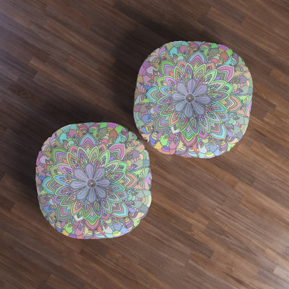 Floor Cushion Mandala Art Drawn by Hand - Tufted Floor Pillow, Round - Blululi