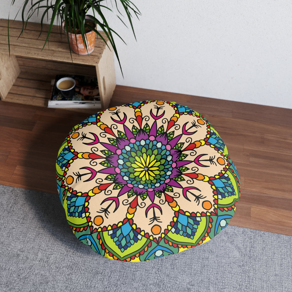 Floor Cushion Mandala Art Drawn by Hand - Tufted Floor Pillow, Round - Blululi