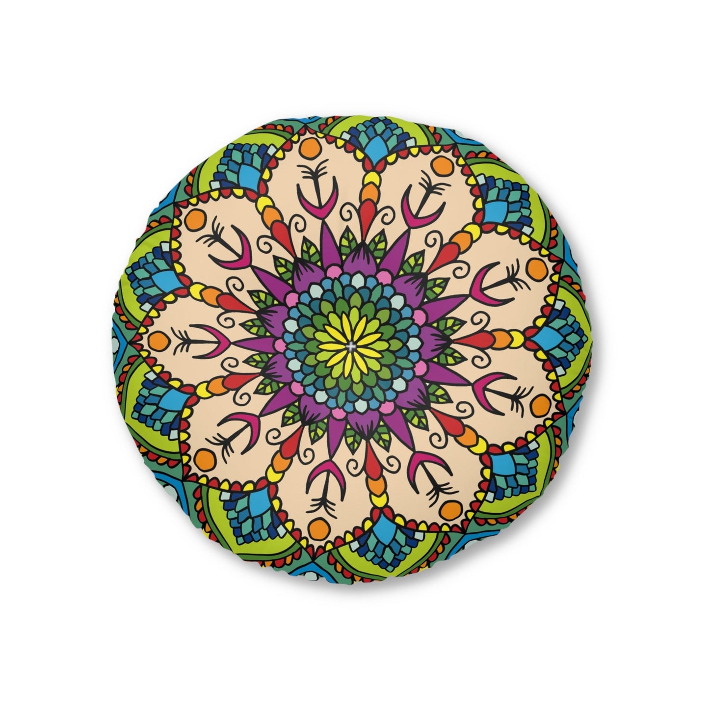 Floor Cushion Mandala Art Drawn by Hand - Tufted Floor Pillow, Round - Blululi