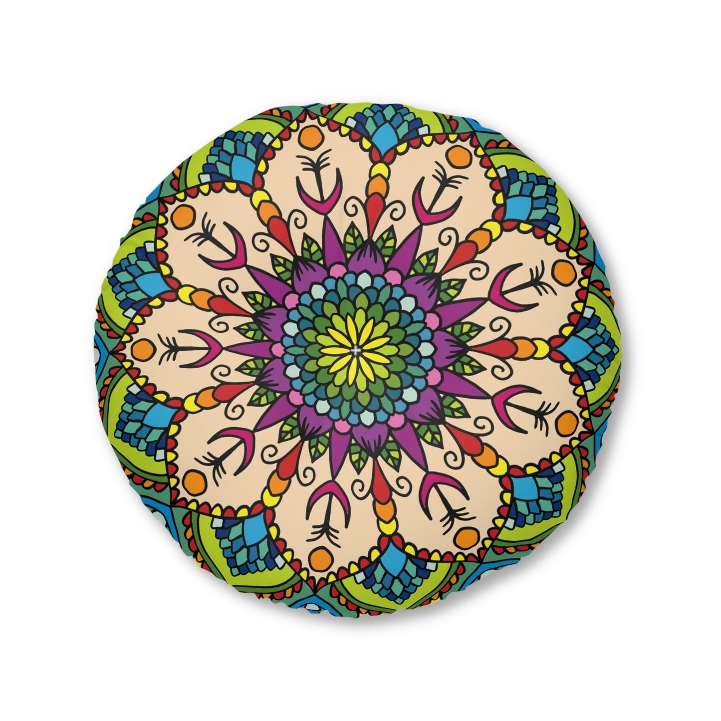 Floor Cushion Mandala Art Drawn by Hand - Tufted Floor Pillow, Round - Blululi