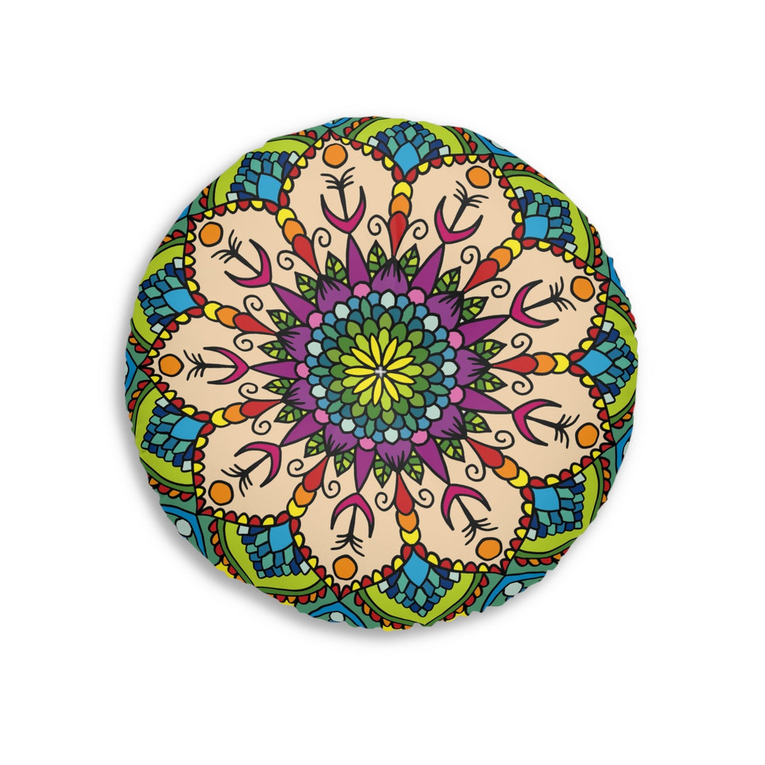 Floor Cushion Mandala Art Drawn by Hand - Tufted Floor Pillow, Round - Blululi