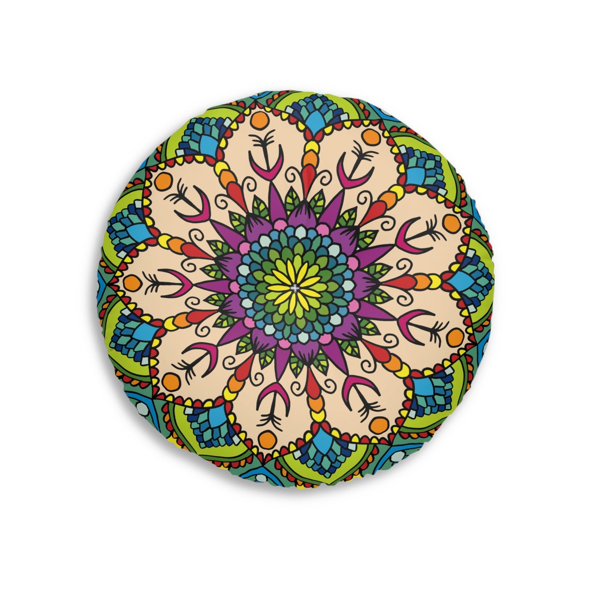 Floor Cushion Mandala Art Drawn by Hand - Tufted Floor Pillow, Round - Blululi