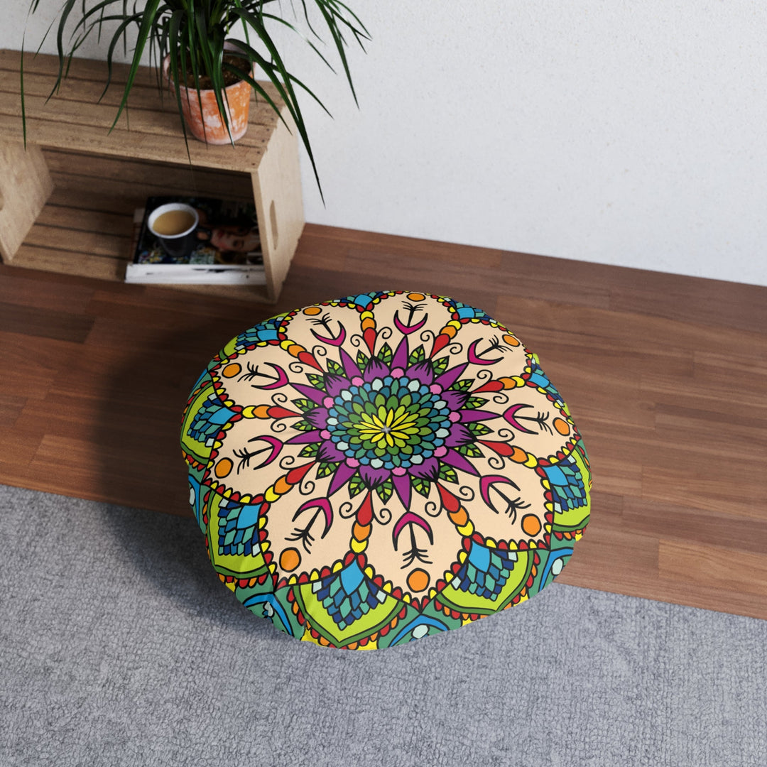 Floor Cushion Mandala Art Drawn by Hand - Tufted Floor Pillow, Round - Blululi