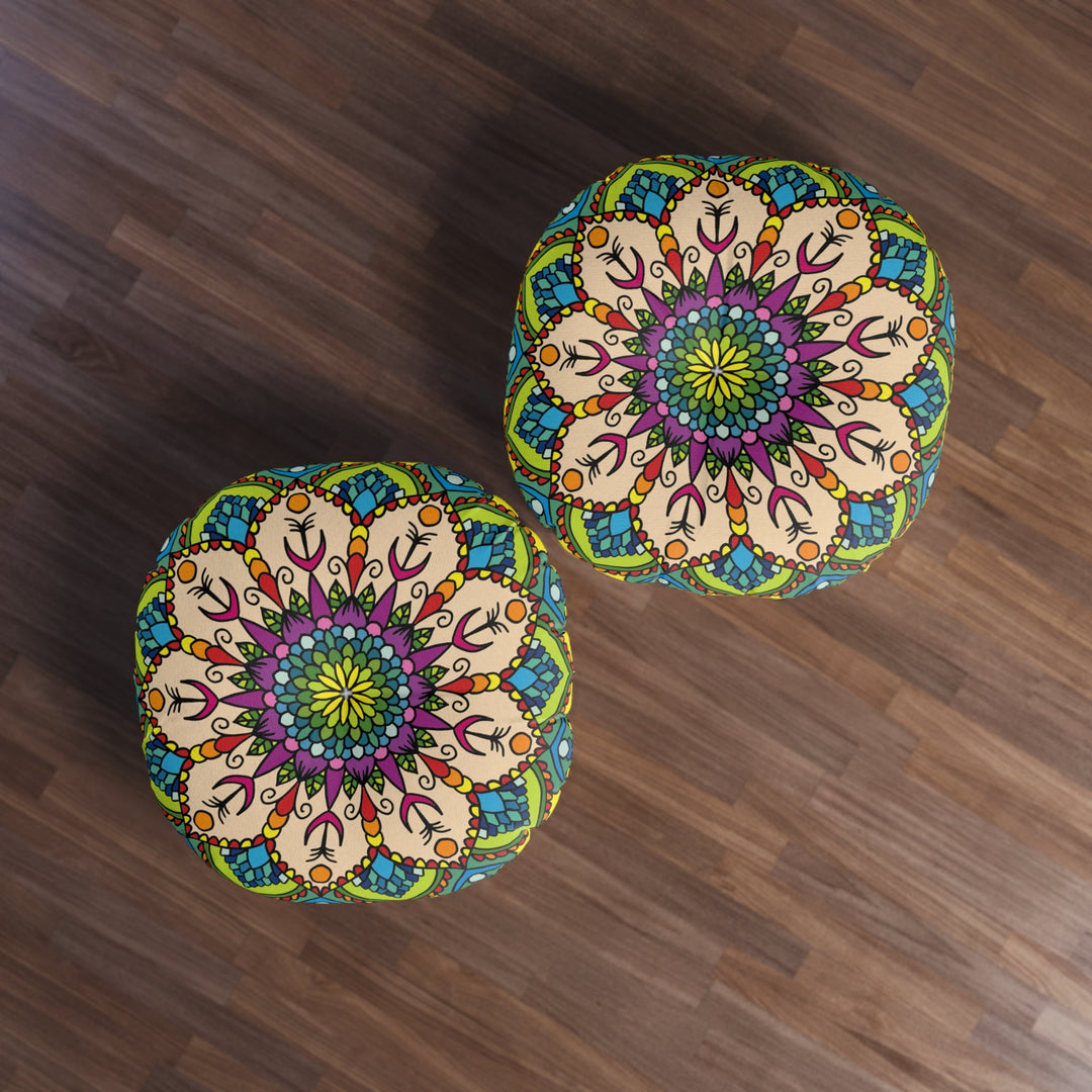 Floor Cushion Mandala Art Drawn by Hand - Tufted Floor Pillow, Round - Blululi