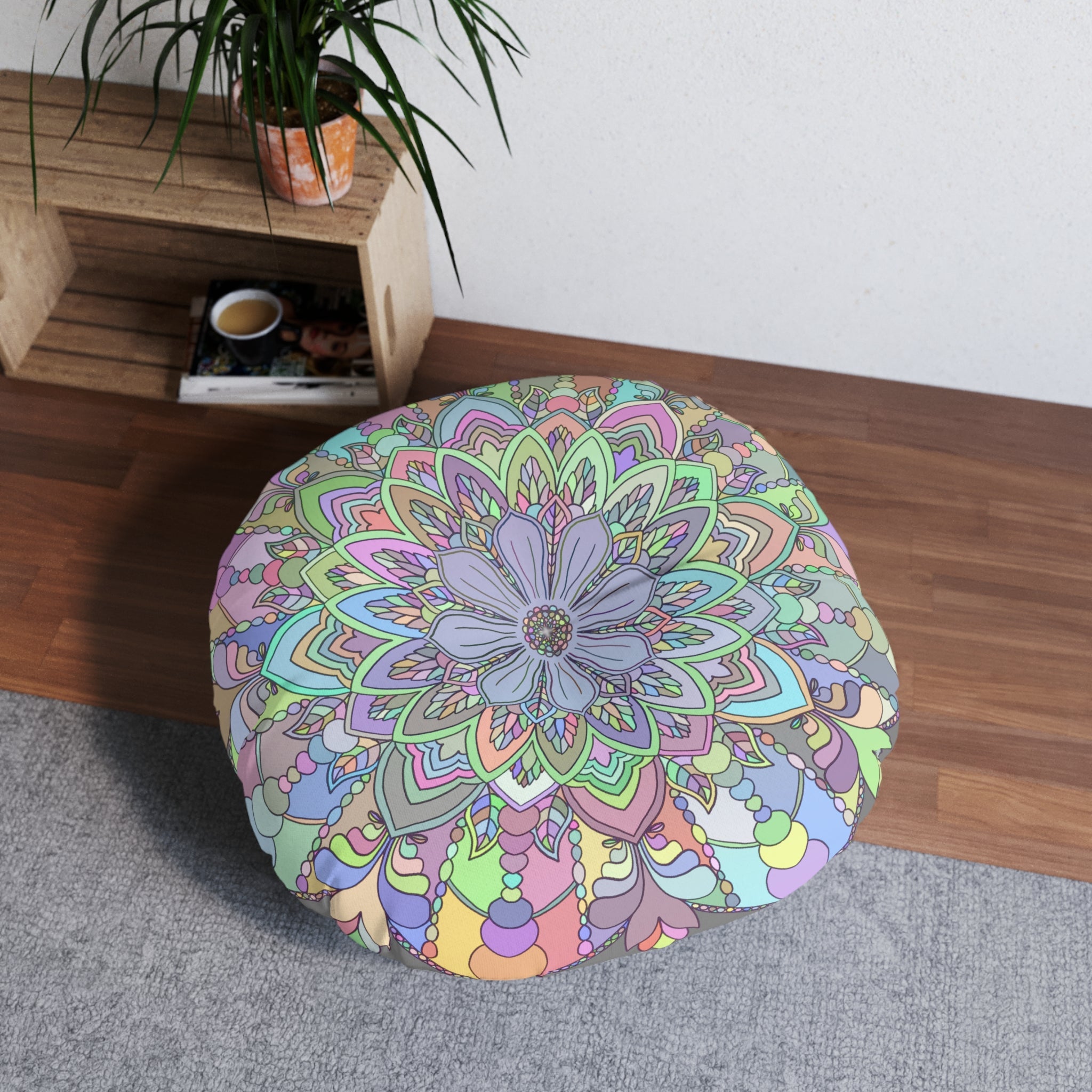 Floor Cushion Mandala Art Drawn by Hand - Tufted Floor Pillow, Round - Blululi