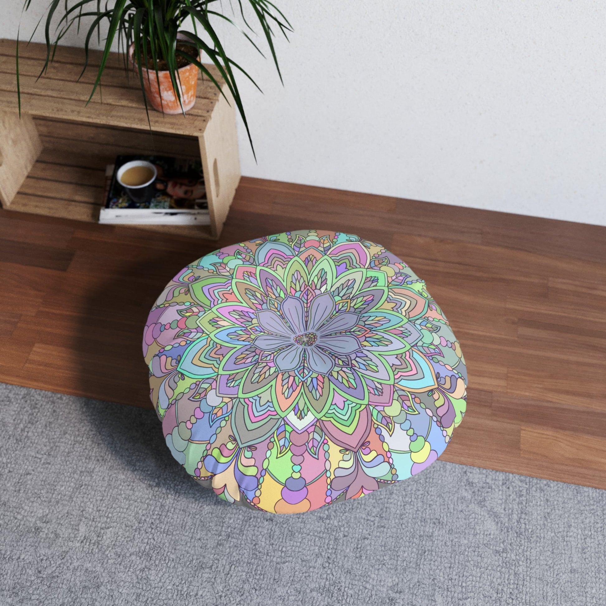 Floor Cushion Mandala Art Drawn by Hand - Tufted Floor Pillow, Round - Blululi