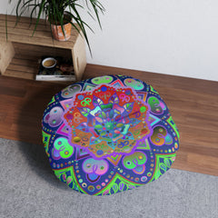 Floor Cushion Mandala Art Hand Drawn - Beautiful colorful Mandala on Dark Blue background - Tufted Floor Pillow, Round - Blululi