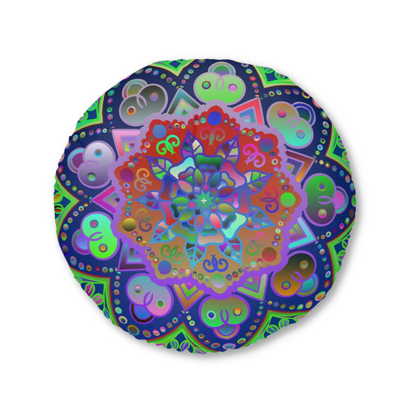 Floor Cushion Mandala Art Hand Drawn - Beautiful colorful Mandala on Dark Blue background - Tufted Floor Pillow, Round - Blululi