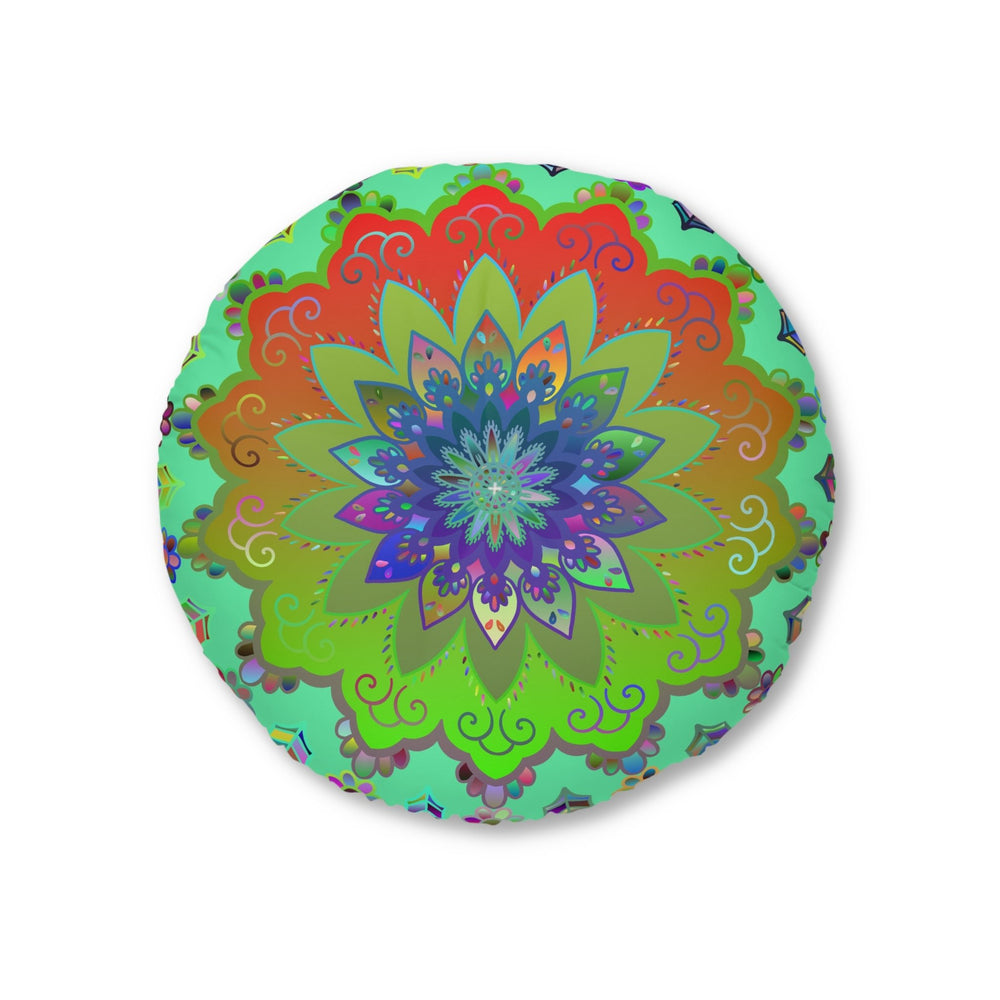 Floor Cushion Mandala Art Hand Drawn - Beautiful colorful Mandala on Fluo Turquoise background - Drawn by Hand - Tufted Floor Pillow, Round - Blululi