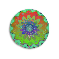 Floor Cushion Mandala Art Hand Drawn - Beautiful colorful Mandala on Fluo Turquoise background - Drawn by Hand - Tufted Floor Pillow, Round - Blululi