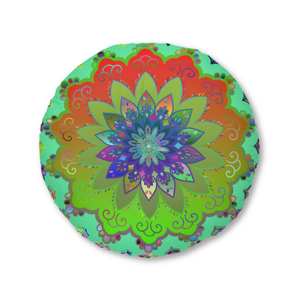 Floor Cushion Mandala Art Hand Drawn - Beautiful colorful Mandala on Fluo Turquoise background - Drawn by Hand - Tufted Floor Pillow, Round - Blululi