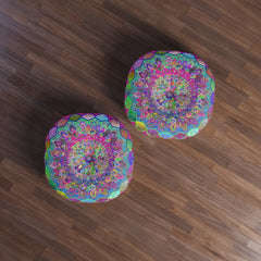 Floor Cushion Mandala Art Hand Drawn - Beautiful colorful Mandala on Fucsia background - Drawn by Hand - Tufted Floor Pillow, Round - Blululi