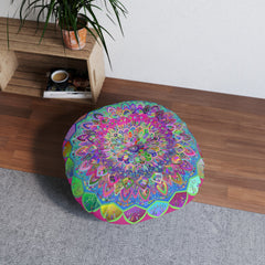 Floor Cushion Mandala Art Hand Drawn - Beautiful colorful Mandala on Fucsia background - Drawn by Hand - Tufted Floor Pillow, Round - Blululi